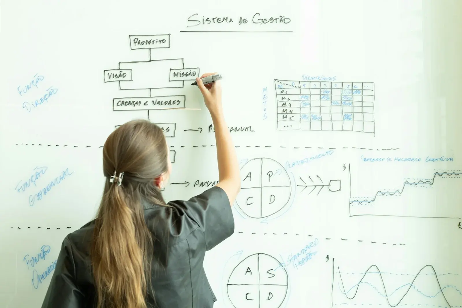 A woman mapping a management process with diagrams on a whiteboard