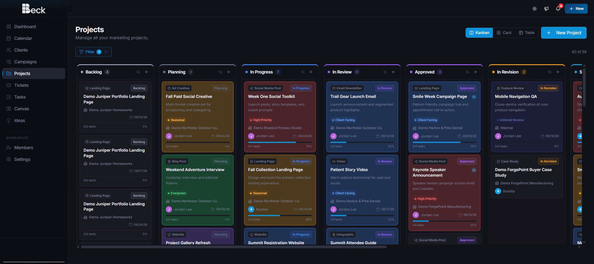 Beck project board with demonstration projects organized by status