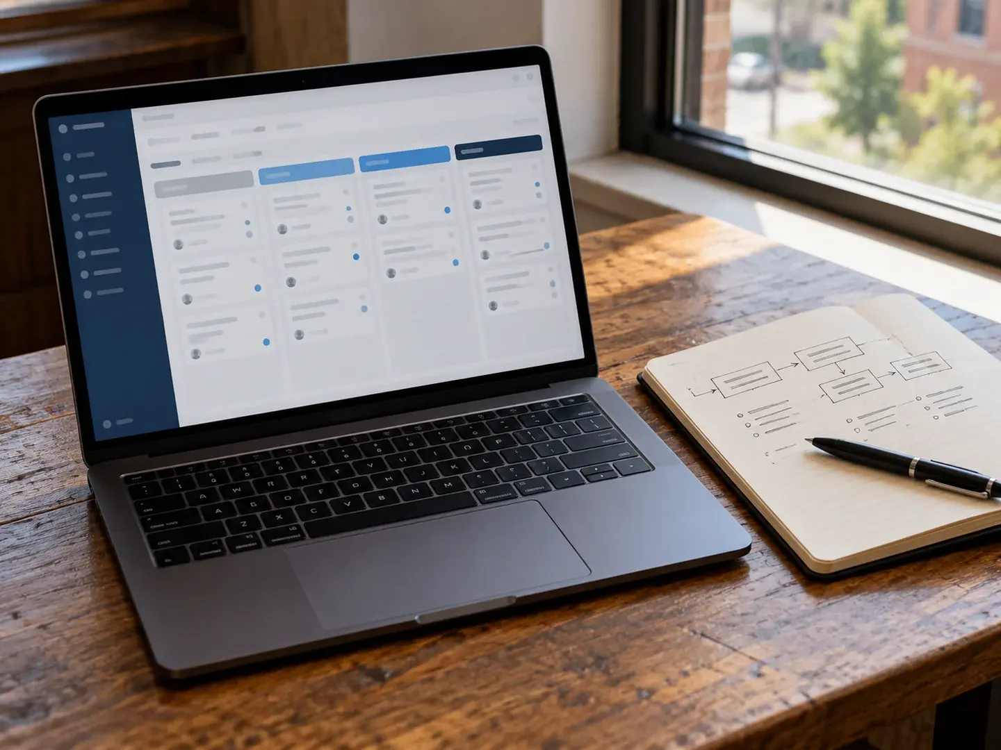 Illustrative CRM workspace with a laptop pipeline and a handwritten workflow notebook