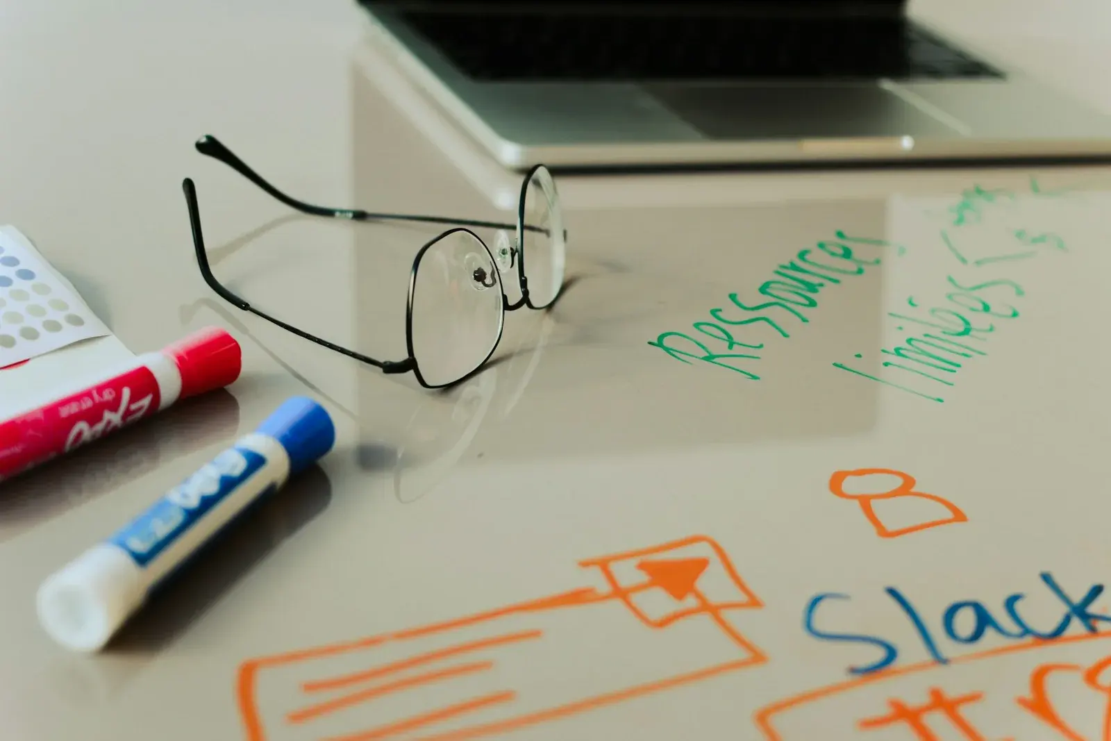 Markers and glasses beside a handwritten workflow diagram and a laptop