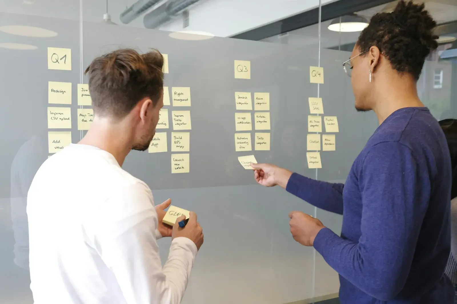 Two colleagues arranging yellow project-planning notes on a glass wall